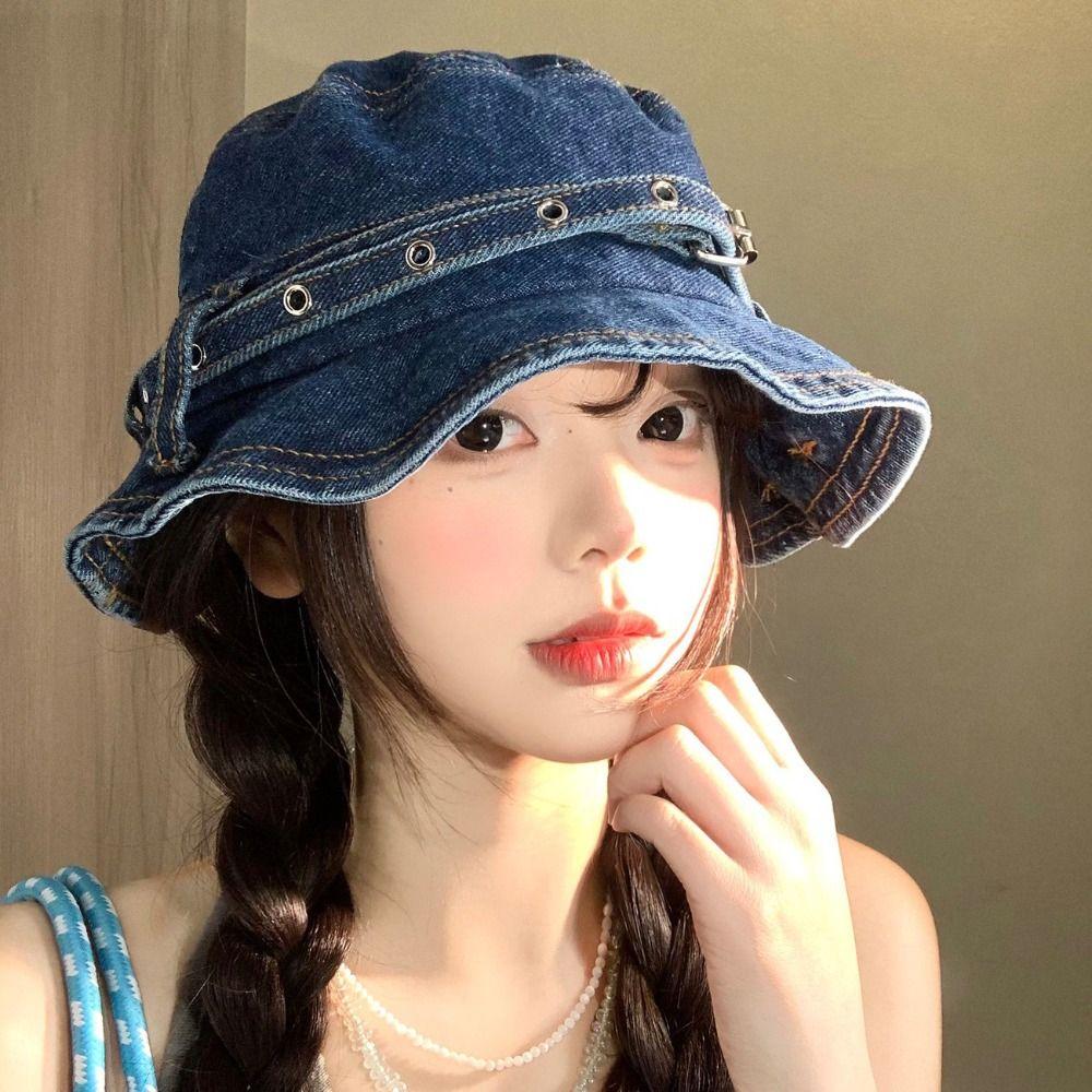 Retro Style Wash Denim Bucket Hats Wash Denim Belt Design Belt Design Caps Versatile Design Sun Protection Japanese Retro Caps