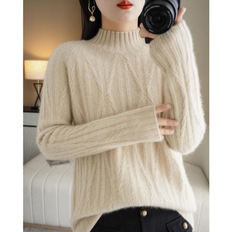 Women's Diamond Pattern Cashmere Cable Knit Wool Sweater, High Neck Pullover for Autumn and Winter