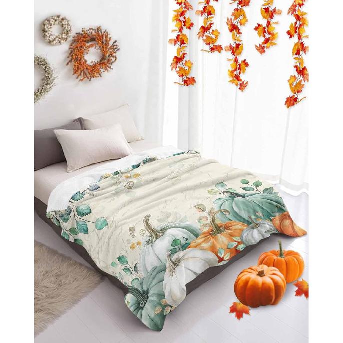 Fall Throw Blanket Green Pumpkin Blankets and Throws Soft Cozy Flannel Fleece Eucalyptus Leaves Branch Blanket for Couch Bed Sofa Chair Autumn