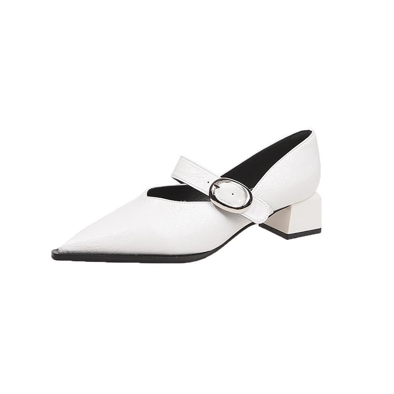 

Весенние женские туфли-лодочки на каблуке, модные туфли Мэри Джейн на среднем каблуке с золотой пряжкой, женские туфли-лодочки с острым носком, Zapatos Mujer 40 белый