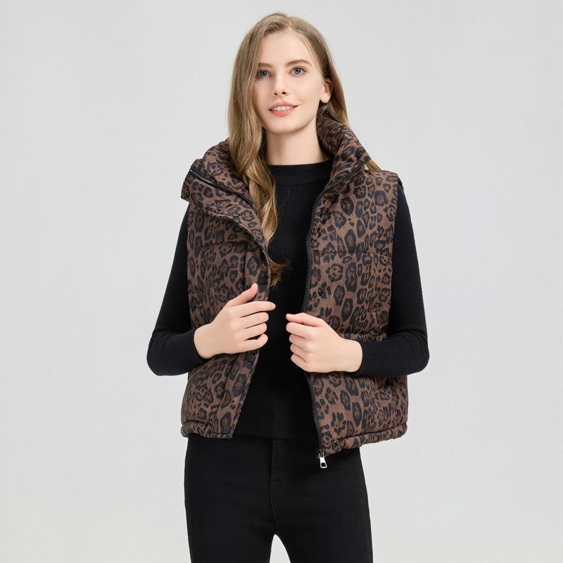 Winter Damen Daunenjacke Weste, Leopardenmuster Weste, Damen Stehkragen Weste, Kurzmantel im Westernstil