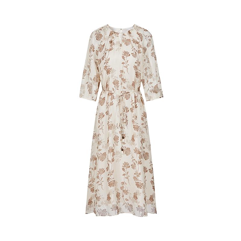 100% Mulberry Silk Jiuzi Anna Kou Temperament Printed Silk Waist Cinching Dress for Women's Summer New Style