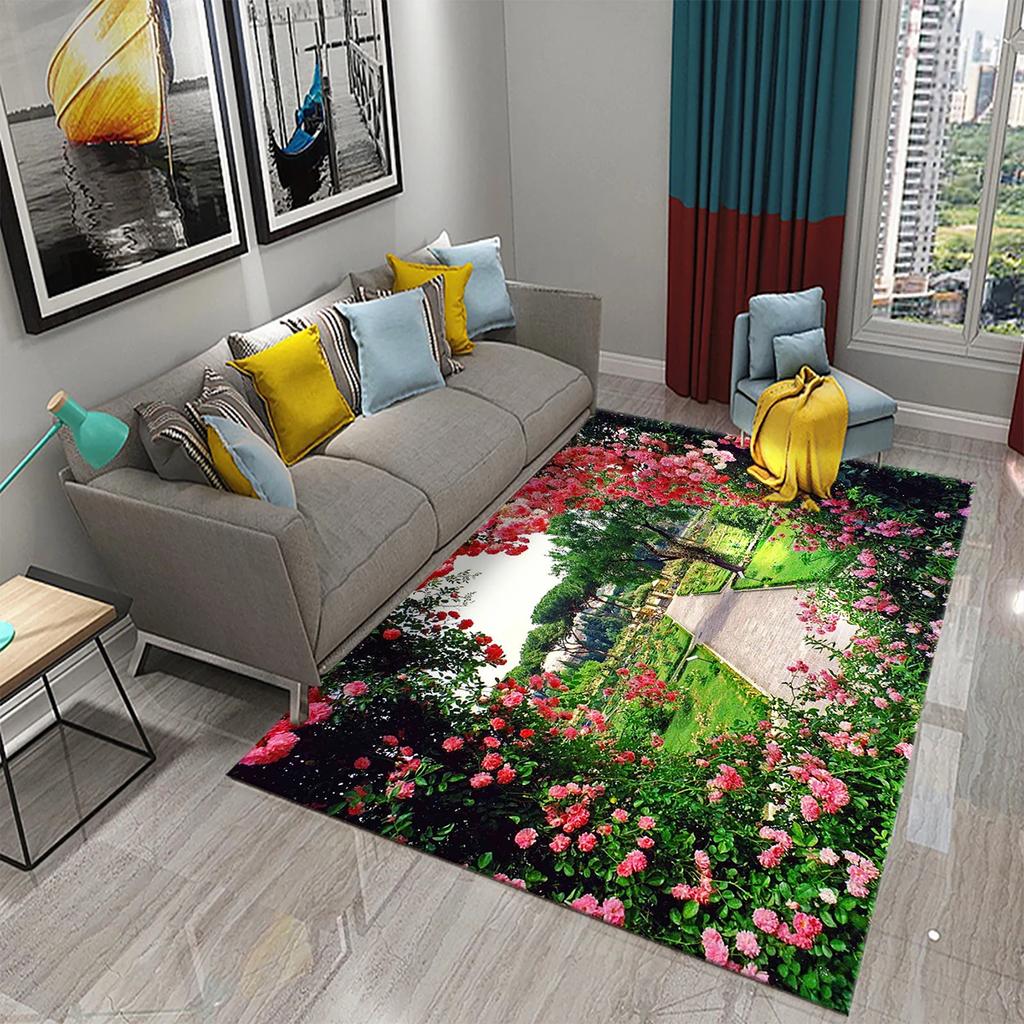 3D Garten Thema Teppich Bunte Blumen und Pflanzen Teppich für Schlafzimmer Bodenmatte Fußmatte Badezimmer Rutschfeste Matte Teppich Heimdeko