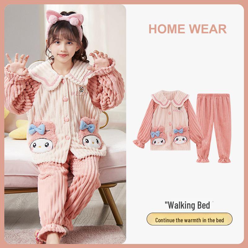 Kids' Flannel Cartoon Pajamas - Warm Coral Fleece for Girls, Autumn/Winter Collection