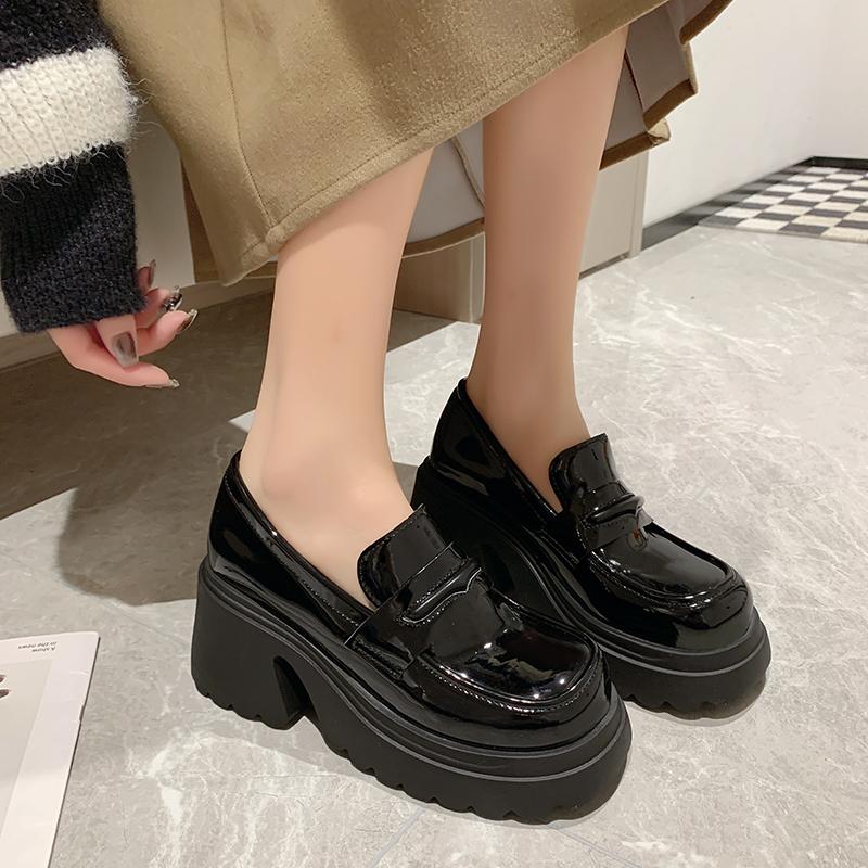 Gothic Chunky High Heels Pumps for Women 2025 Spring Patent Leather Platform Loafers Woman Black Thick Heeled Jk Lolita Shoes