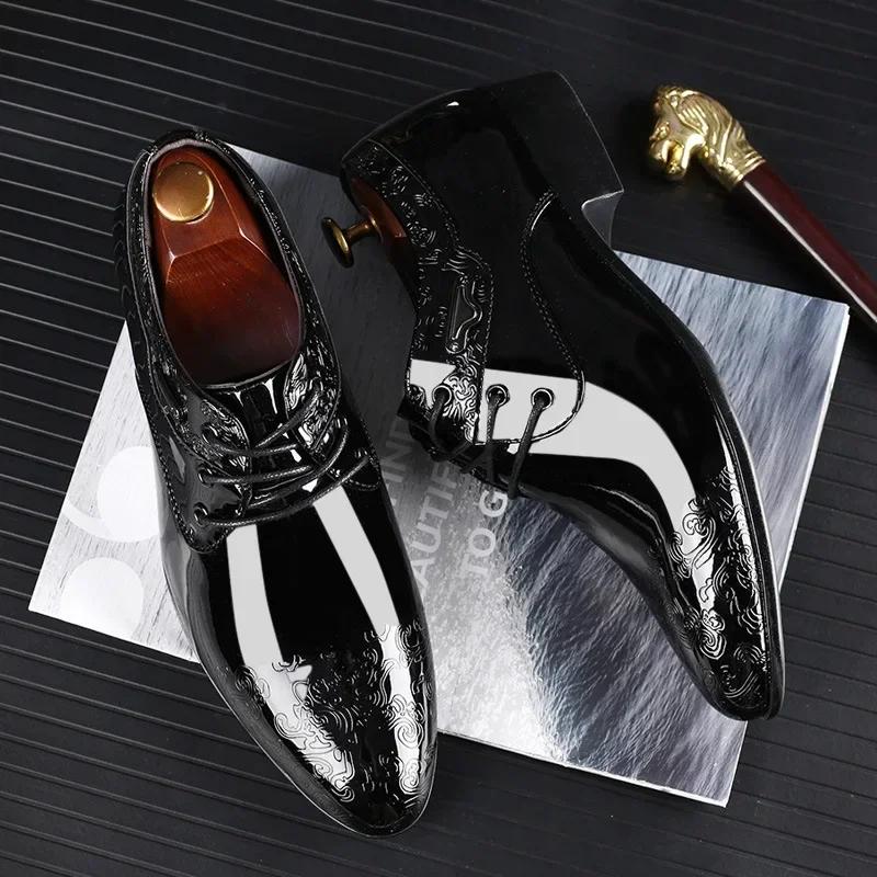 Oxford Shoes For Men Luxury Patent Leather Wedding Shoes Office Slip On Men Work Shoe New Pointed Toe Derbies Sapatos Masculinos