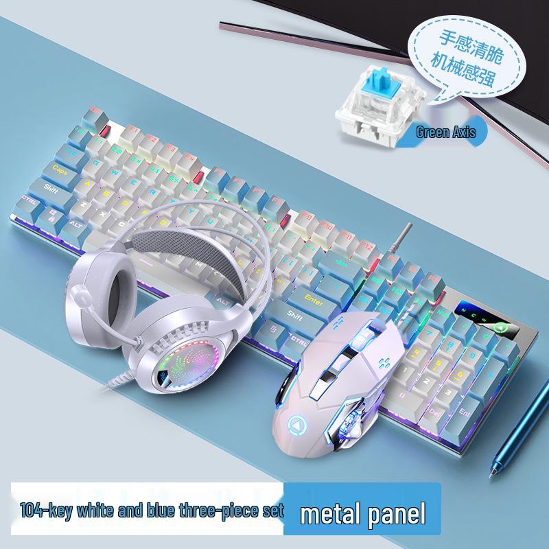 Silver Mechanical Keyboard, Mouse, and Headset Set - Blue/Black Switches, 87/104 Keys, Wired Gaming & Office E-Sports Bundle