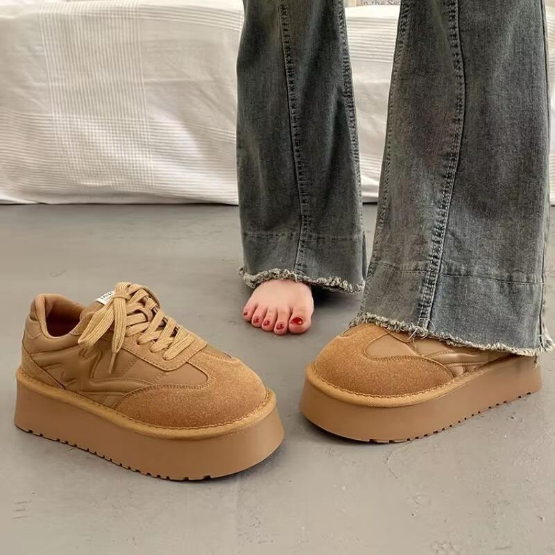 Round Toe Thick-soled Women's Winter New Heightening Non-slip Sports Shoes Fashionable Casual Lace-up Sneakers Women