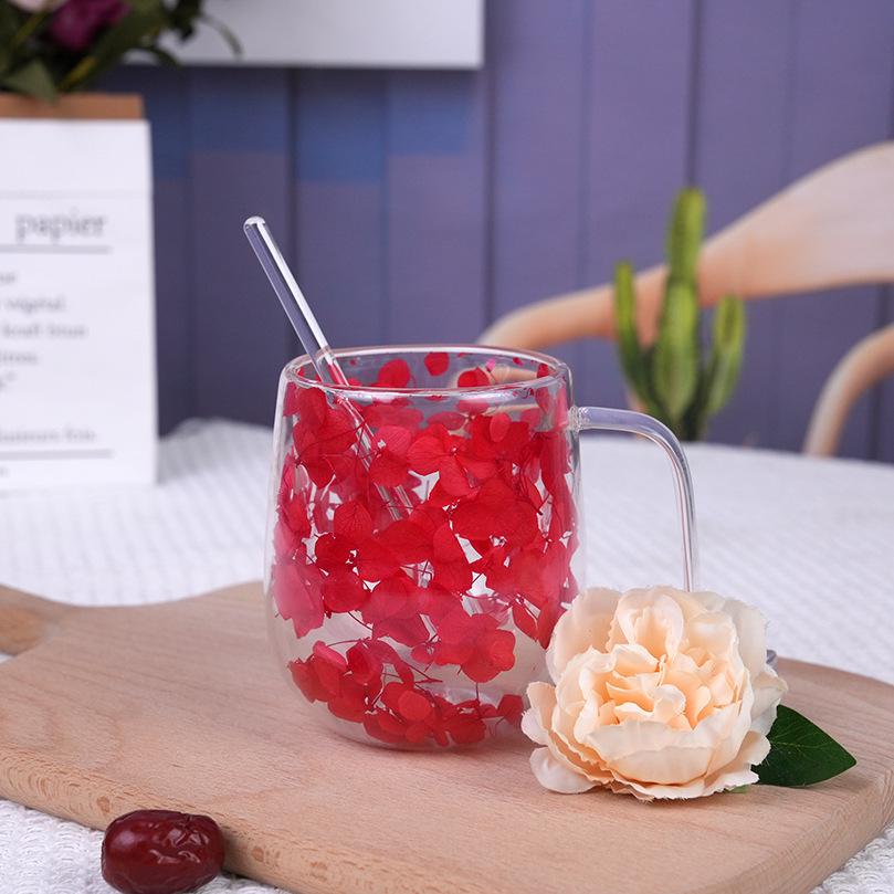 Luxury Double-Layer Glass Cup with Real Flowers and Quicksand Design