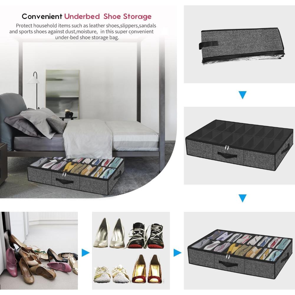 Shoe Storage Organizer box for Under Bed, Fit 12 Pairs, Collapsible Closet Underbed Shoes Container Bags with Reinforced Handles