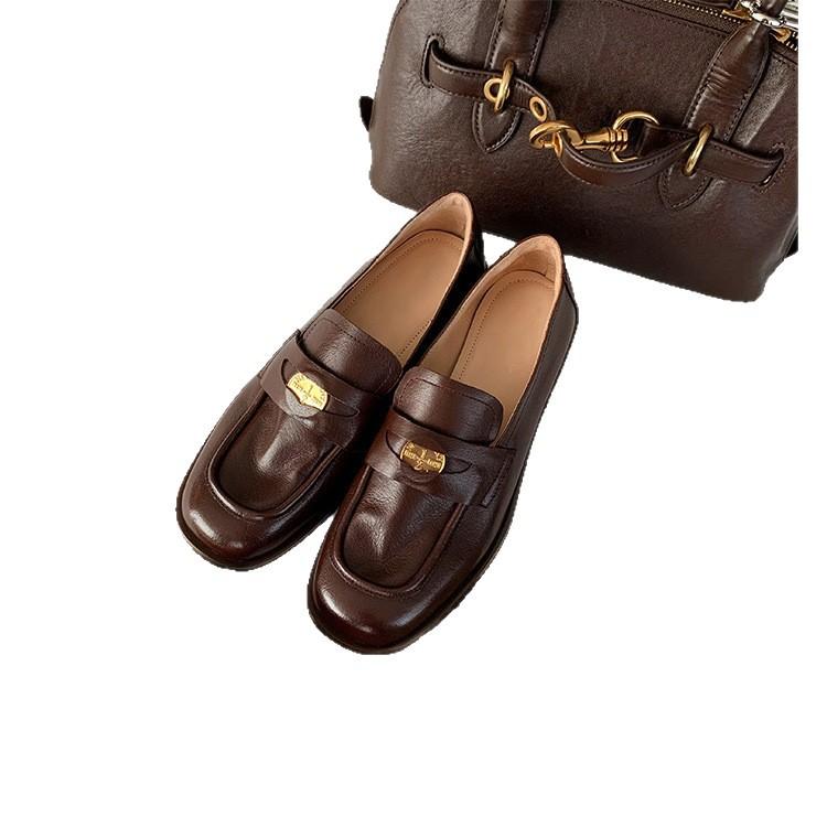 Cowhide version~ loafers women's autumn and winter black single shoes thick-soled British style gold coins one pedal lazy small leather shoes