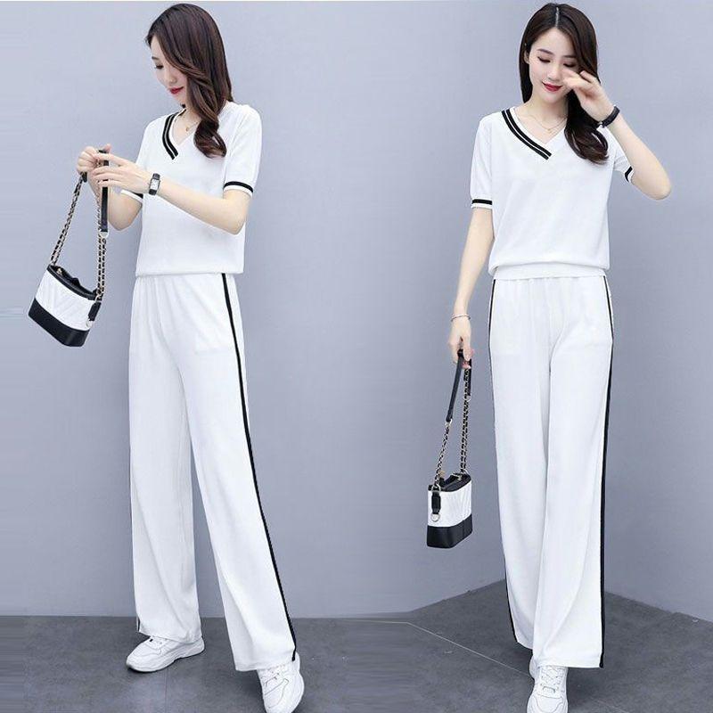 Summer Sports Suit for Women, Fashionable, Slim, Short-sleeved, Wide-leg Pants, Casual Two-piece Set