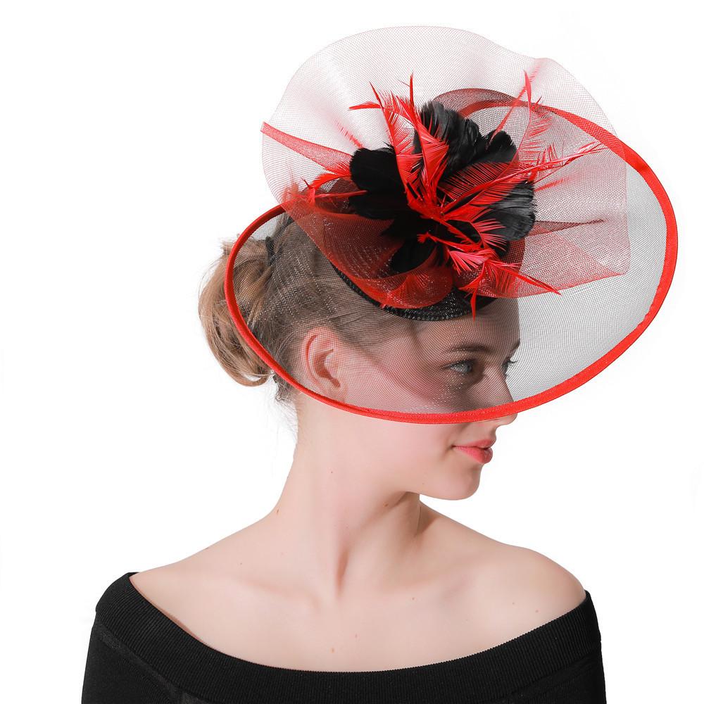 

Boutique Banquet Mesh Top Hat Hemp Headdress Bridal Wedding Dress Mesh Red With Black Feathers