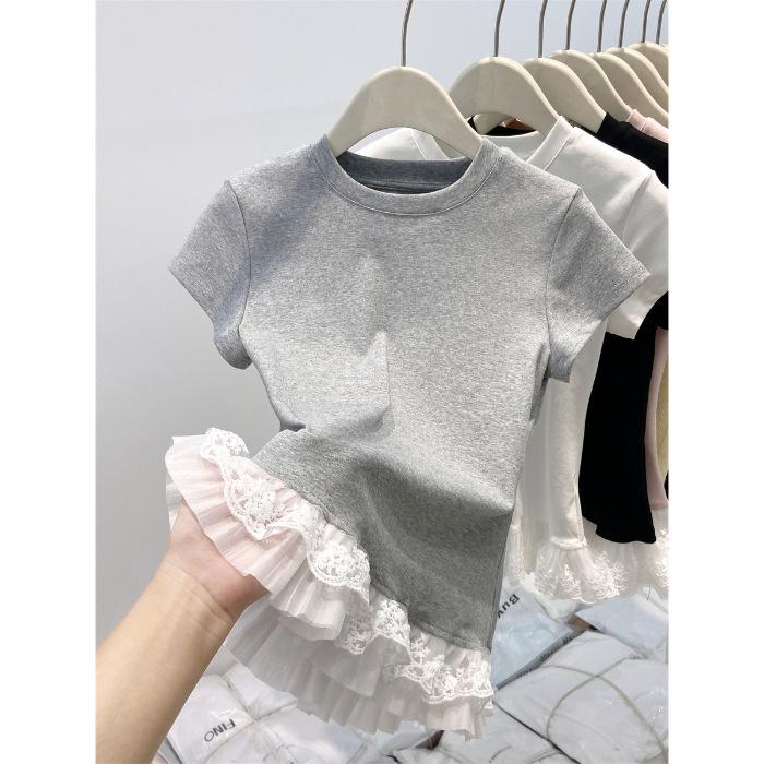 Special Offer, Sweet Lace Splicing Hems Crew Neck Short Sleeve T-Shirt Women's Summer