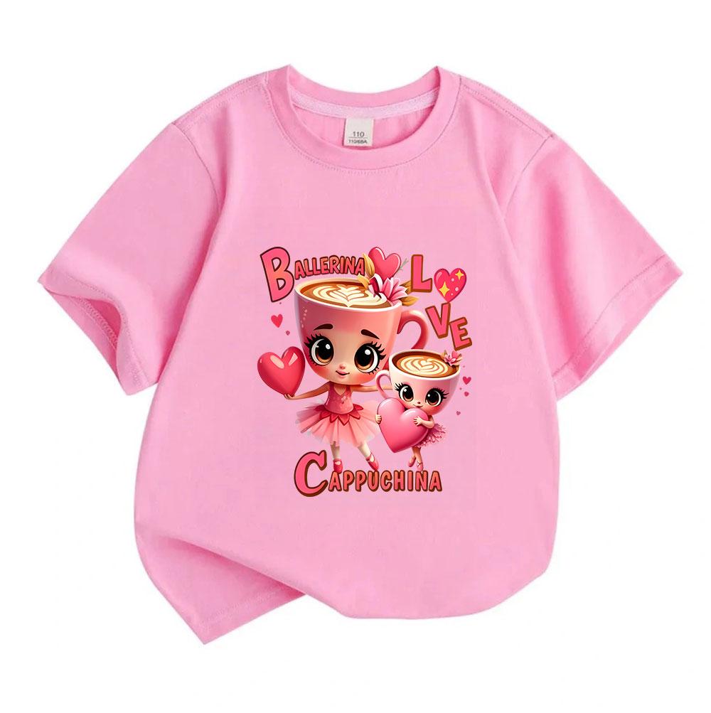 Kids Boys Girls 100% Cotton Crew Neck Short Sleeve T-Shirt, Cute Cappuccino Cup Ballerina Love Heart Print Casual Soft Tee for Daily Wear