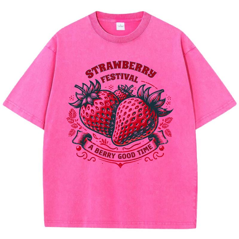 Strawberry Estival A Berry Good Time Prints Washed TShirt Women Cotton Tops Street Comfortable ONeck T Shirt Summer Clothes