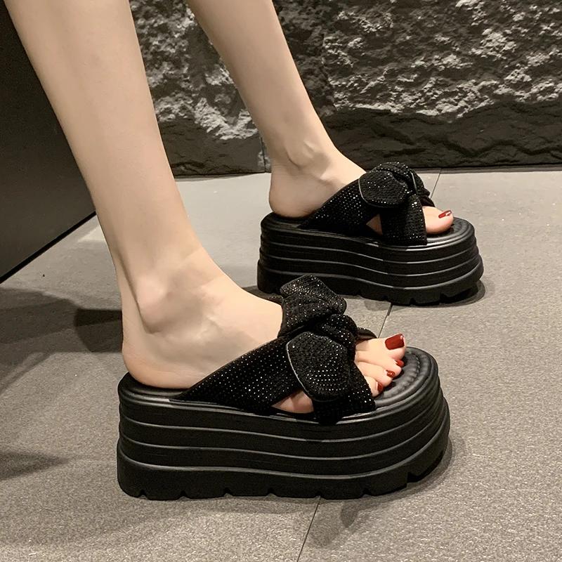 Fashion 8CM Women Bling Chunky Slippers Summer Ladies Beach Flip-Flops Wedges Heels Outside Bowknot Sandals Woman High Platform Shoes