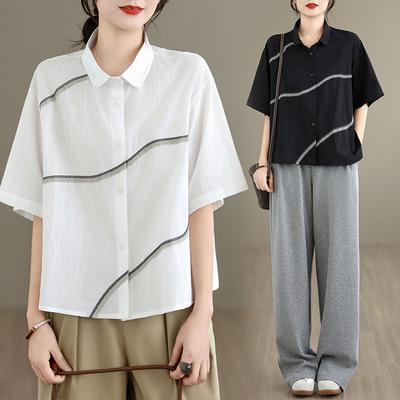 DIMANAF 2026 Women Plus Size New Summer Blouse Shirt Short Sleeve Casual Loose Lady Tops Shirts Embroidery Cotton
