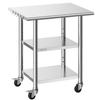 Stainless Steel Work Table, 61x76 Cm Food Prep Table with 2 Shelves and Wheels, Commercial Kitchen Workstation, Metal Heavy Duty Utility Worktable,
