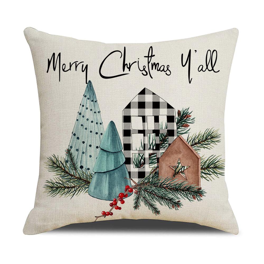 Red and Black Plaid Christmas Pillow Holiday Pillow Cover Linen Cartoon Print Holiday Cushion Cover