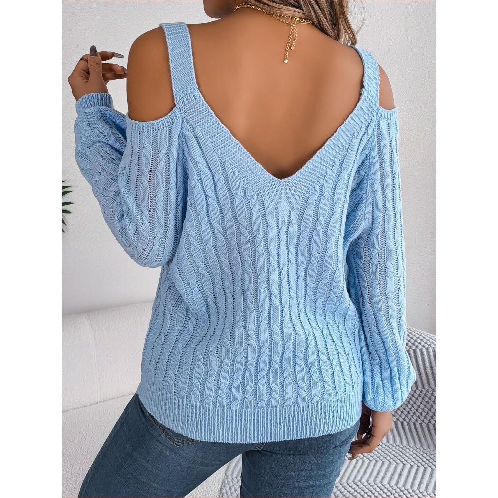 Women's Sweatshirt - Versatile Casual Solid Colour Cable-Knit Off-the-Shoulder Bell-Sleeve Knitwear