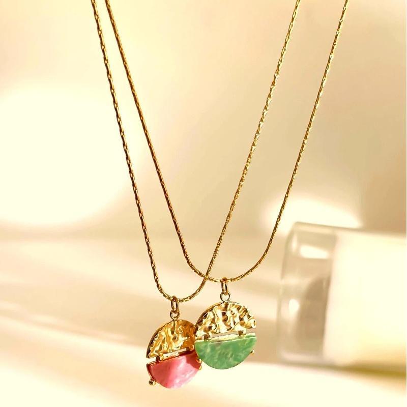 Stainless Steel Gold Plated Natural Stone Circular Pendant Necklace Dainty Jewelry for Women Birthday Surprise Gift