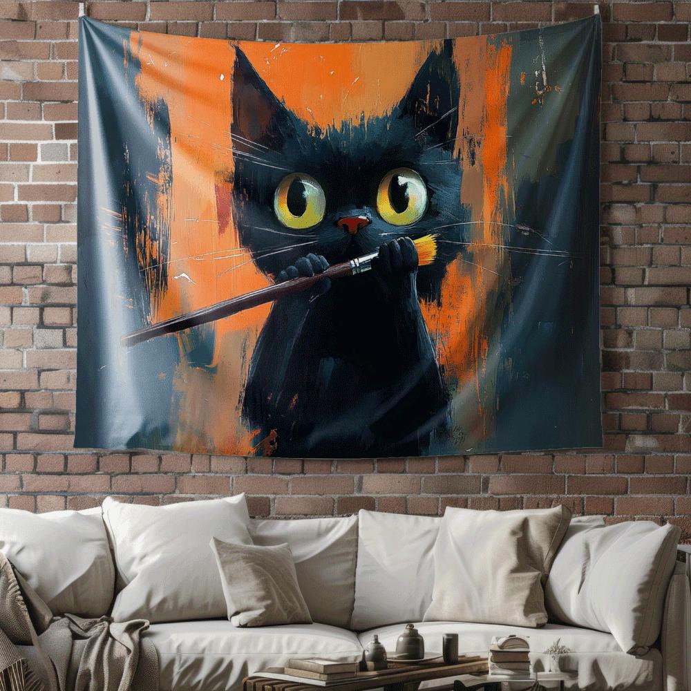 Black Cat Paintbrush Digital Printing Polyester Wall Tapestry Suitable for Use In Living Rooms Bedrooms Offices Bars and Party