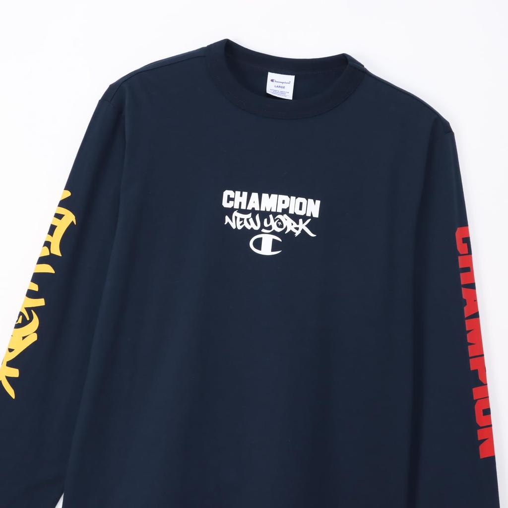 Champion Long Sleeve Long Crew Graphic Logo Men's T-Shirt, Navy, Sleeve, Neck, 100% Cotton, Print, Basic, C3-Z411