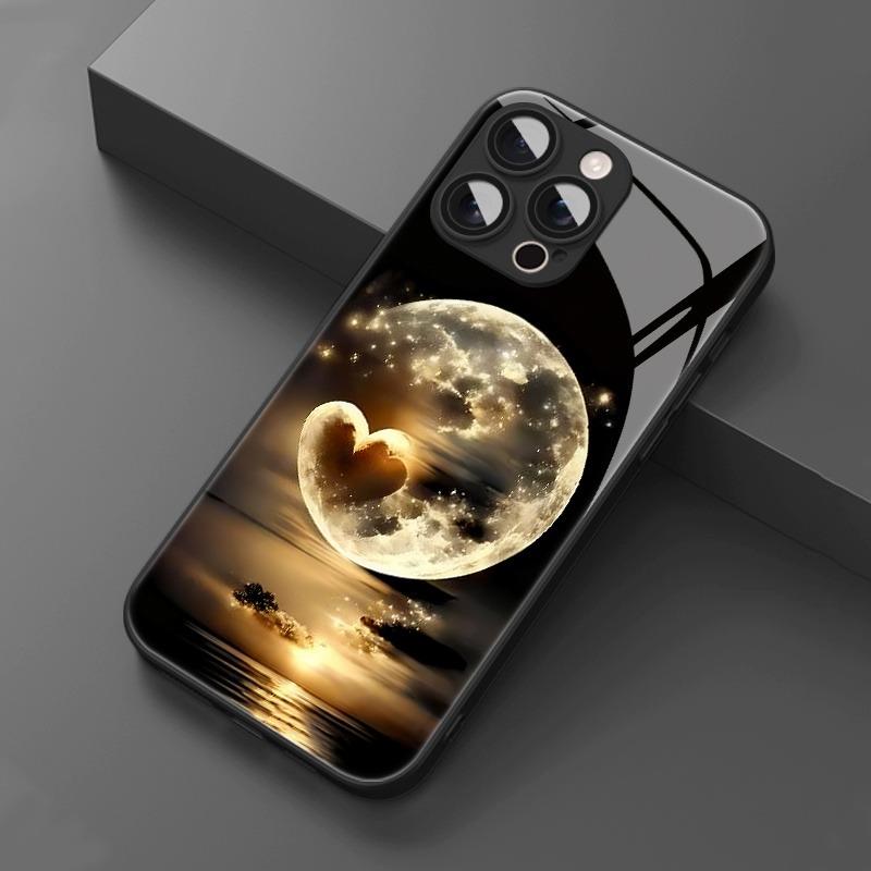 Artistic Love Moon Pattern Tempered Glass Phone Case For iPhone 17 16 15 14 13 12 11 Pro Max 17 Air 7 8 Plus XS X XR Cover