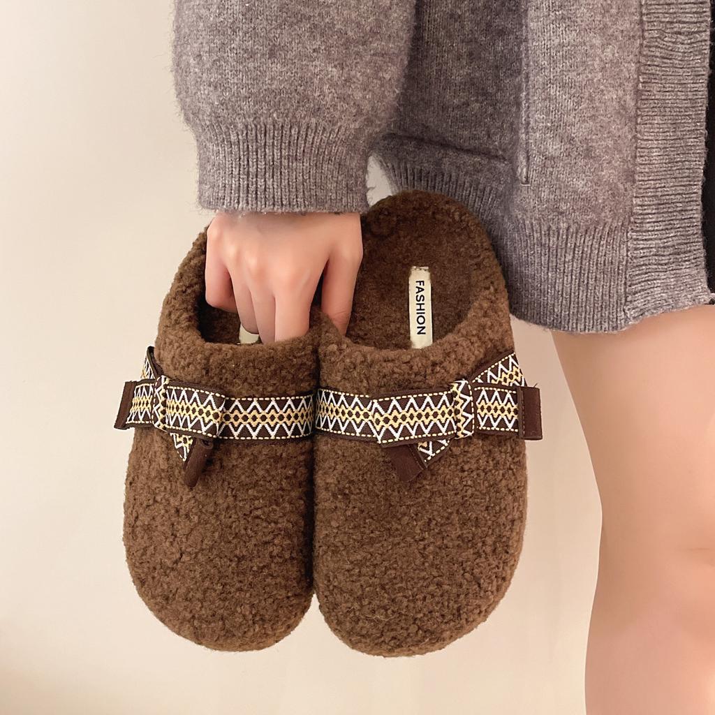 Schleife Lammwollpantoffeln Damen tragen Herbst und Winter Mode ein Pedal Samt warm Taschenkopf halbschlepp flacher Boden