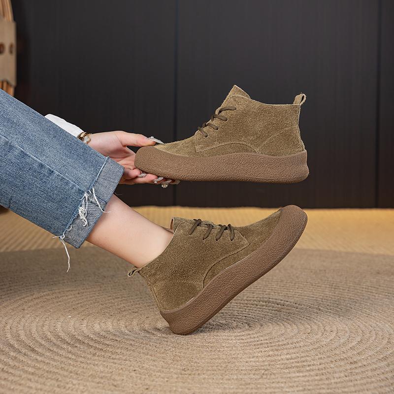 Mode Stiefeletten Damen Echtes Leder Runde Zehe Lässig Schnürstiefel Flach Winterstiefel Damen Rutschfest Große Größe Fell Kurze Stiefel Damen