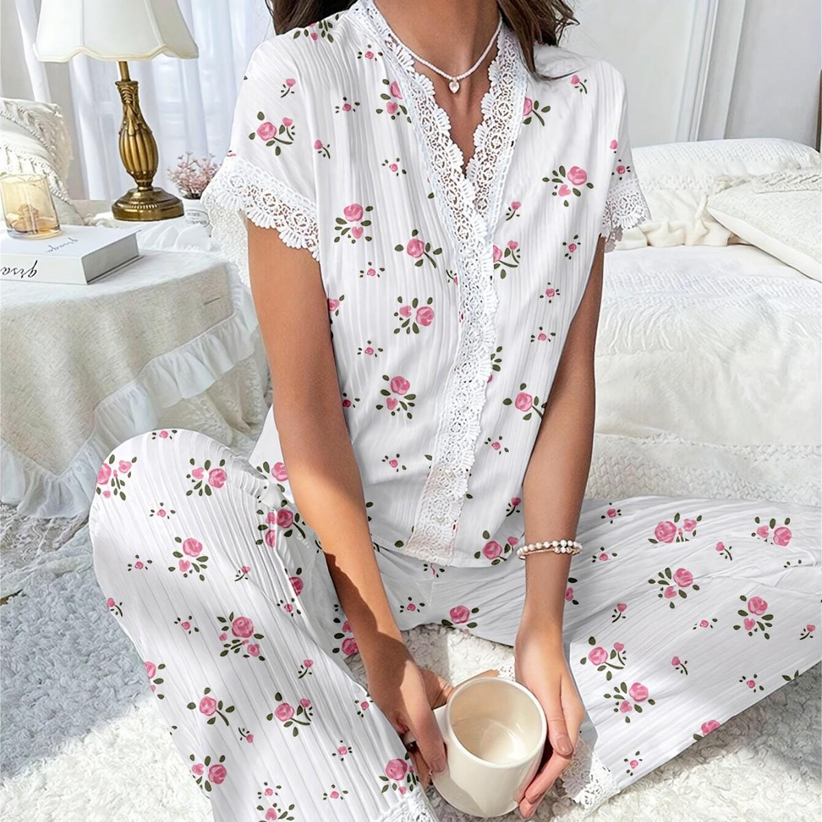 

European & American Style Women s Pajamas: Cherry Print Tee with Sexy Lace Collar and Slim-fit Long Pants XXL