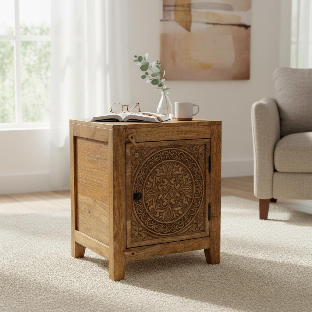 Wood Indian Carved Side Storage Cabinet Bedside Cupboard,Indian Living Nightstand Sideboard Furniture,Kitchen Cabinet Furniture,Desk drawer