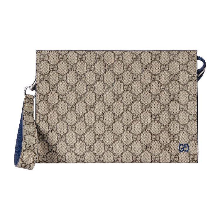 

Gucci Double G Logo Detachable Wrist Strap Zippered Canvas And Leather Clutch Men clutch Blue Beige 768255-FACQC-9751 Gift Set(Basic Set+Box+Shopping Bag)