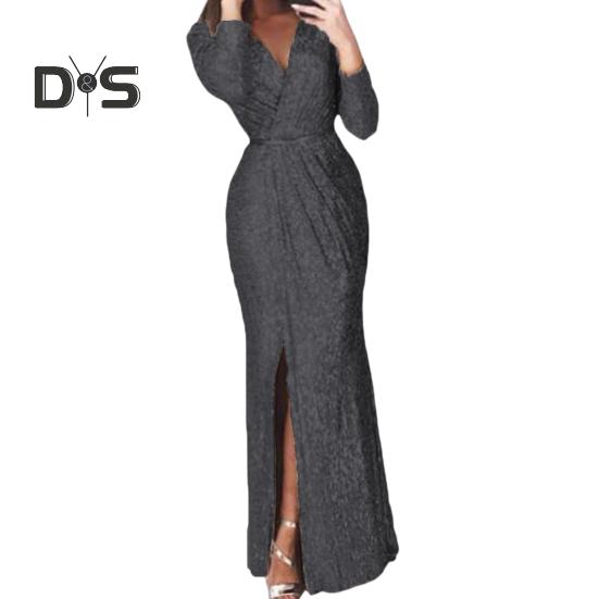 Abendkleid für Damen, tiefer V-Ausschnitt, Pailletten-Dekor, lange Ärmel, elastische Taille, plissiert, geteilter Saum, einfarbig, formelle Anlässe, Hochzeit, Party, Abschlussball, Maxikleid