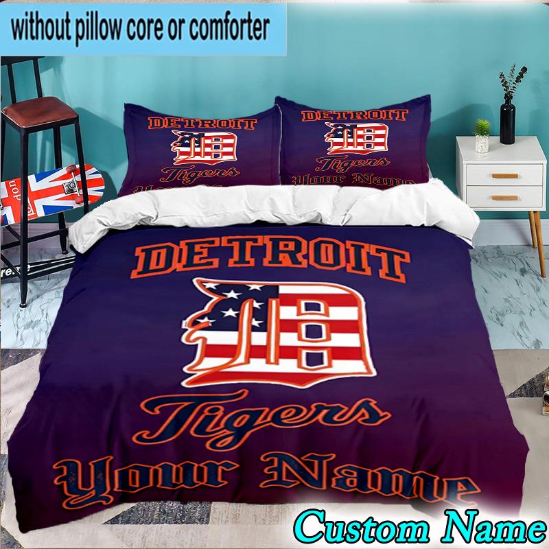 Custom Name 3PCS Detroit Tigers Emblem Bedding Set,Including Duvet Cover And 2pcs Pillowcases Perfect for Bedroom,Dormitory,Fan Christmas Gift