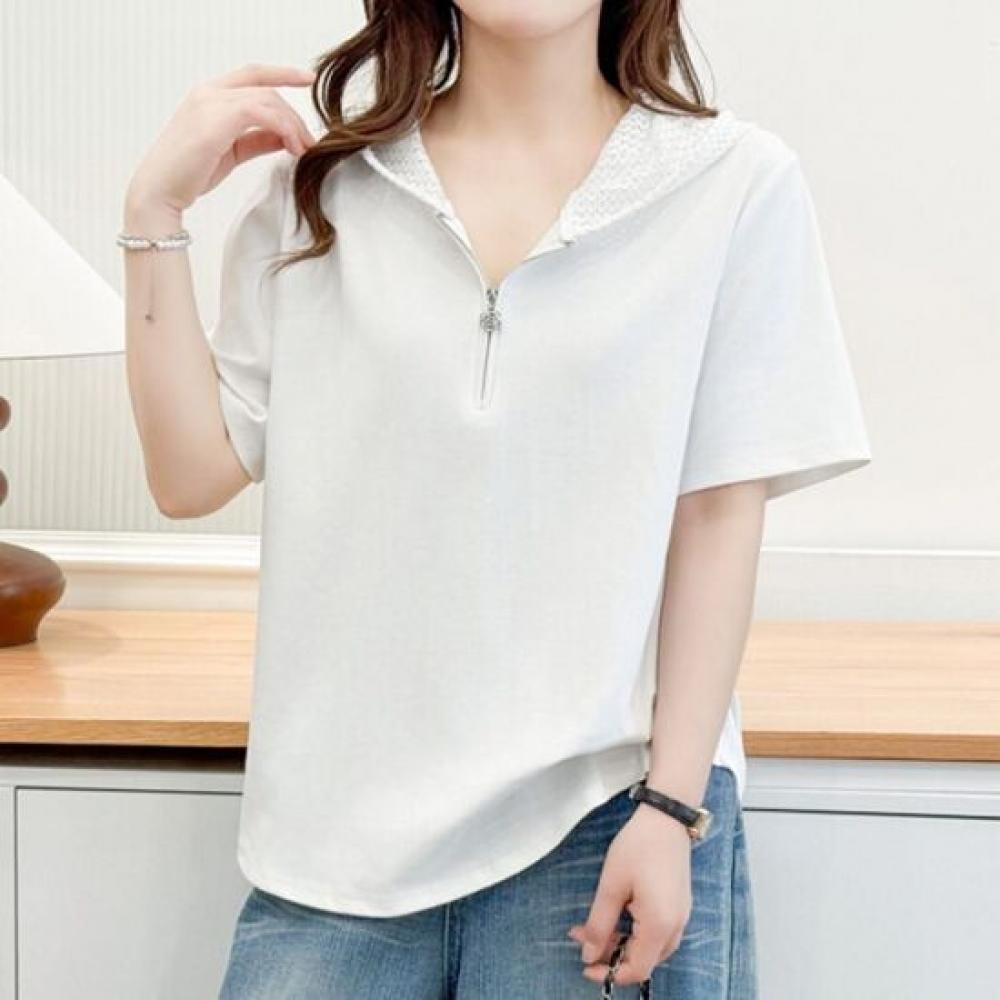 Navava Women Casual Daily Half Zip Lace Hoodie ShorT Sleeve T shirT nT3400