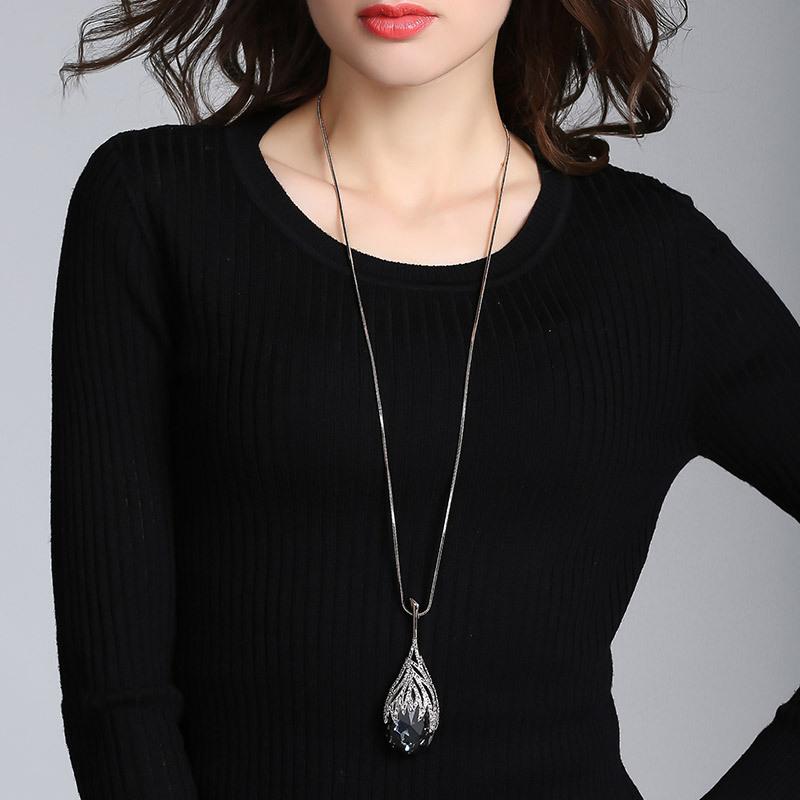 Pendant Winter Necklace Waterdrop Shaped Femme Jewelry Ladies Crystal Sweater Chain Geometric Elegant Long Chain Long Necklaces Vintage Fashion Women