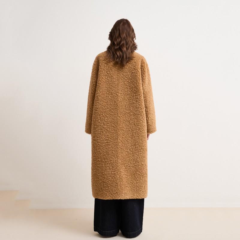 Womens Winter Faux Fur Coat Loose Fit Round Neck Mid-Length Solid Color Fleece Outerwear