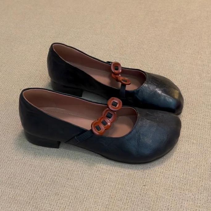 Leather French retro round head thick heel single shoes women's autumn new one-word with shallow mouth Mary Jane shoes ballet shoes