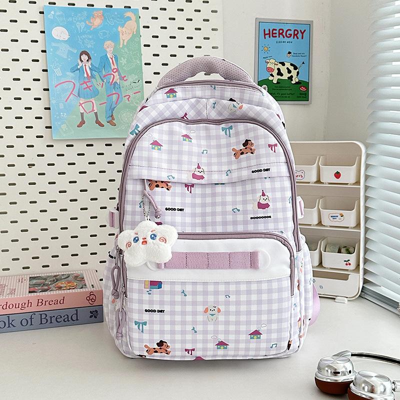 New high-value, fresh and sweet plaid cute cartoon backpack, lightweight backpack for junior high school students