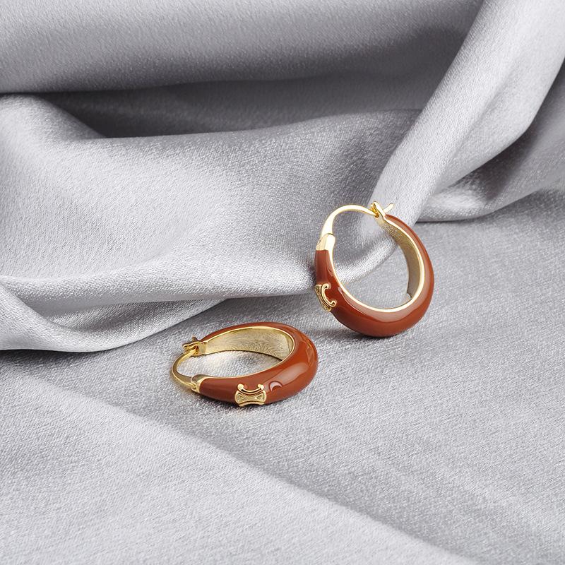 Arc de Triomphe Stud Earrings, Red Enamel Drop, Round Huggie Earrings, Fashion Statement Jewelry