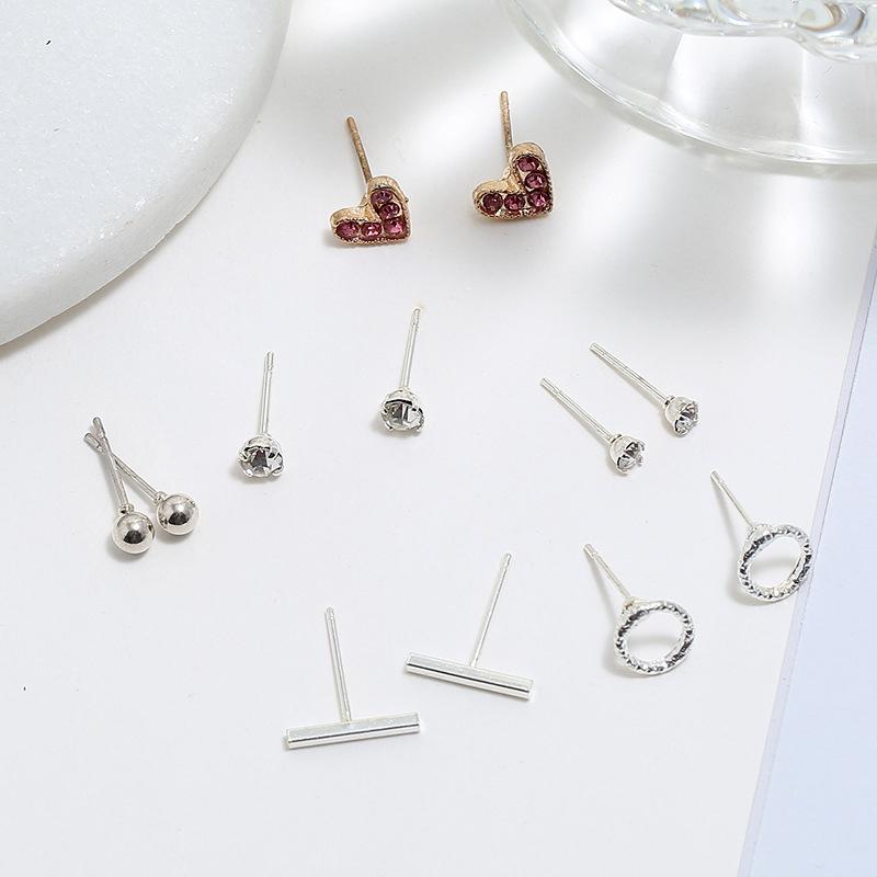 6 Pairs/set Cute Geometric Heart Cute Rhinestone Crystal Stud Earrings Set for Women Creative Round Ball Bar Earring Set Gift