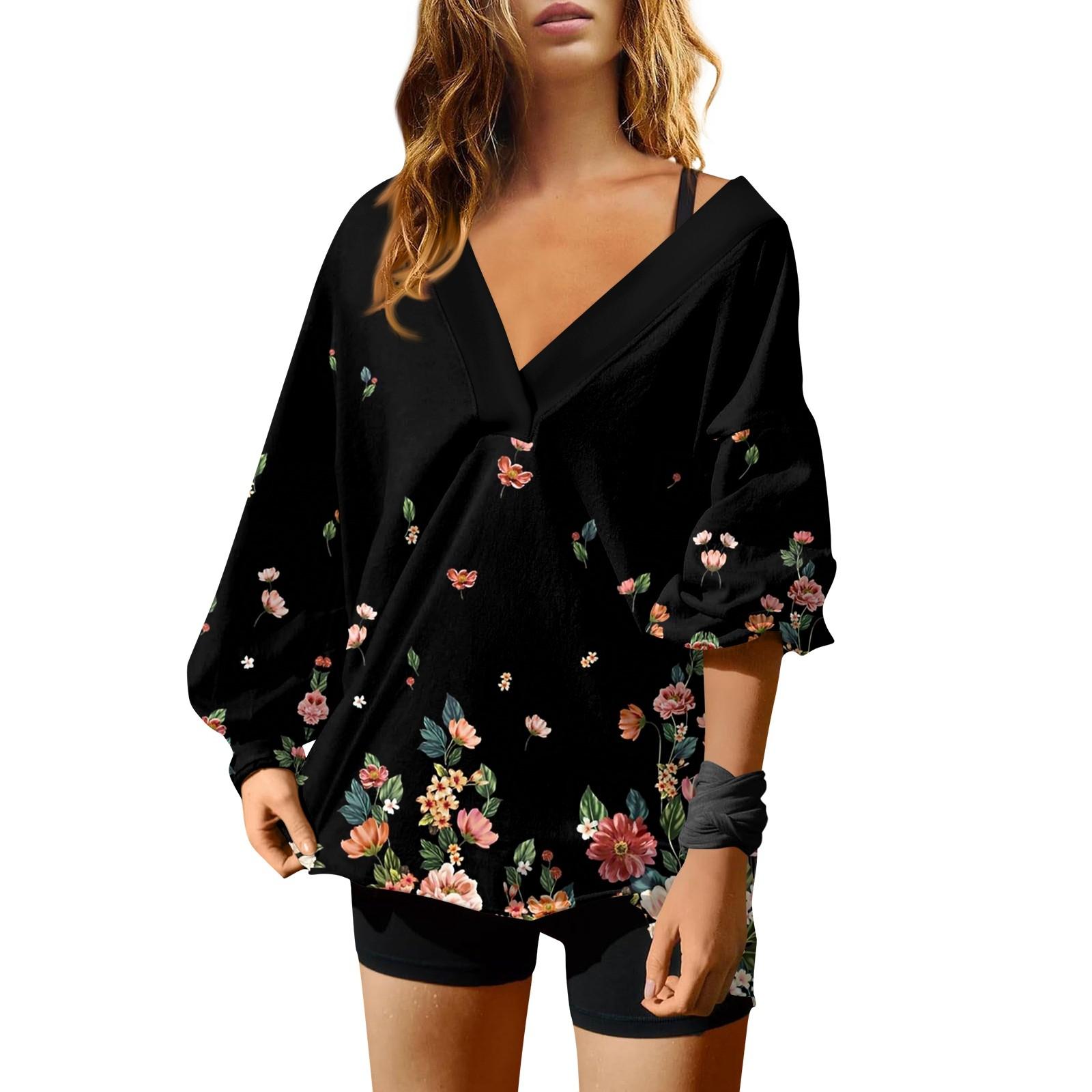 Женская мода V-образный вырез длинный рукав принтованный свободный пуловер свитшот топ XL — фото 5