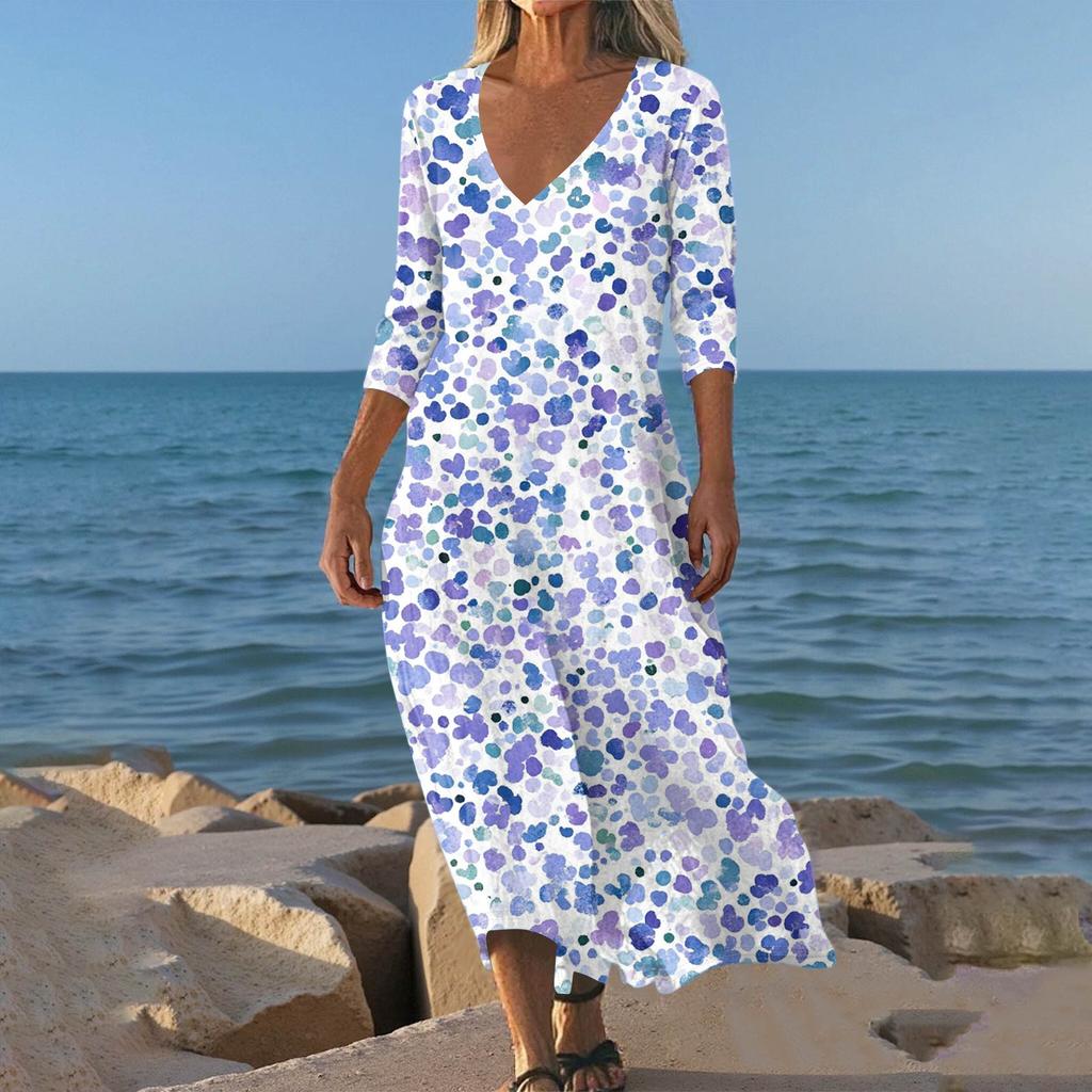 Dresses For Womens Vintage Print Tunic Waisted Midi Dress Summer Casual 3/4 Sleeve Dress
