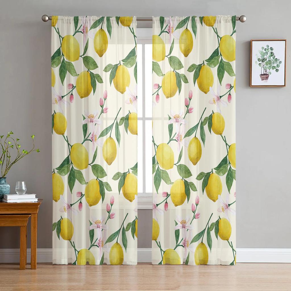 Fruit Watercolor Lemon Pink Flower Sheer Curtains for Living Room Decoration Window Curtain Kitchen Tulle Voile Organza Drapes