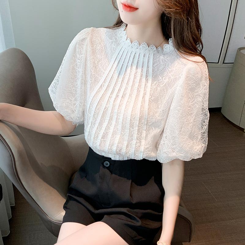 Fashion Summer Short Sleeve White Lace Blouse Shirt Women Tops