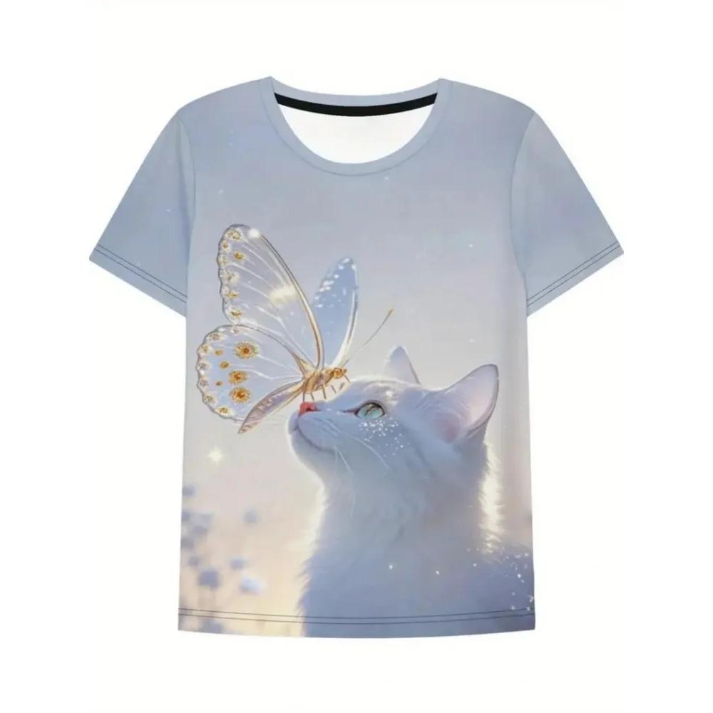 Summer Round Neck Cat Pattern 3D Print Top Fashionable Casual Short Sleeved Women's T-shirts
