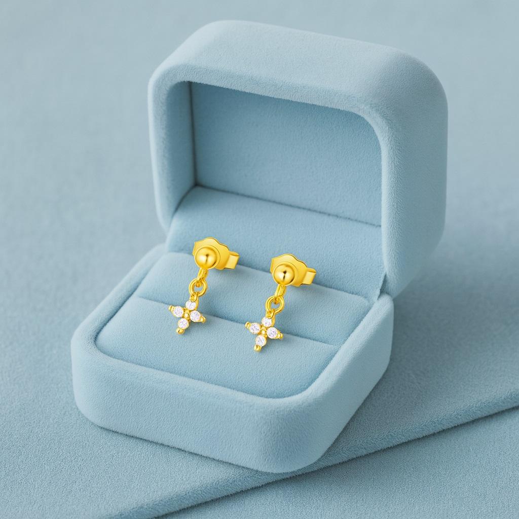 Petite Cross Drop Earrings - 925 Sterling Silver Gold Plated