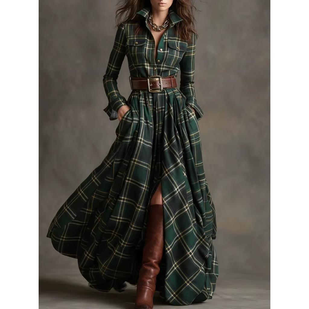 LYRIA French Women's Plaid Dress Shirt Button Cardigan Lapel Fashion Belt Pocket Irregular Design A-line Long Skirt for Female